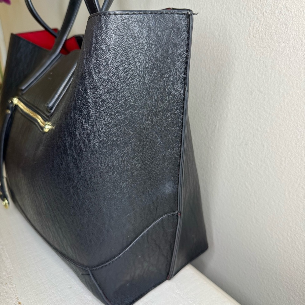 Black Vegan Leather Tote Bag with Red Interior - Picture 6 of 8